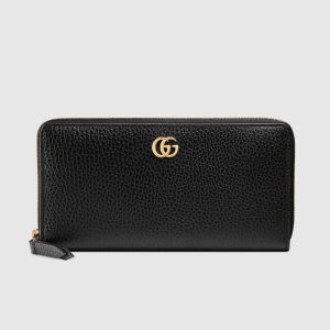 Gucci Large Marmont Zip Around Wallet In Textured Leather Black/Gold