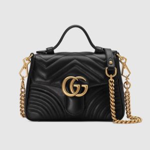 Gucci Mini Marmont Top Handle Bag In Matelasse Leather Black/Gold