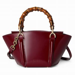 Gucci Mini Bamboo Top Handle Tote with Embossed Logo In Shiny Leather 805832 Burgundy