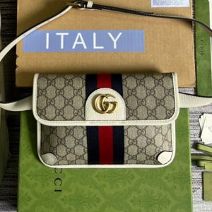 Gucci Small Ophidia Flap Belt Bag In GG Supreme Canvas 674081 Beige/White