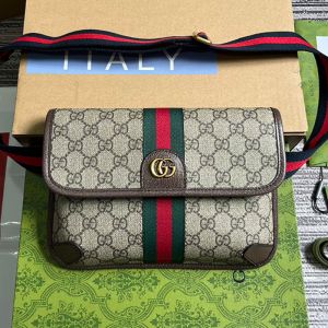 Gucci Small Ophidia Flap Belt Bag with Web Strap In GG Supreme Canvas 752597 Brown