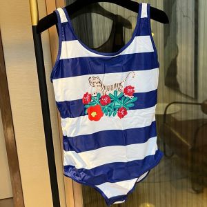 Gucci Stripe Swimsuit with Tiger Floral Women Lycra Blue/White