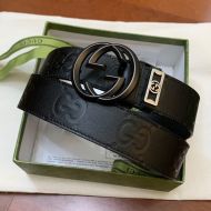 Gucci Blondie Wide Belt with Interlocking G Detail Grained Calfskin Black