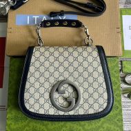 Gucci Medium Blondie Top Handle Bag with Studs In GG Supreme Canvas 721172 Navy Blue