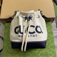 Gucci Mini Bucket Bag with Gucci Print In Cotton Linen Canvas 777166 White/Blue