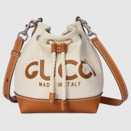 Gucci Mini Bucket Bag with Gucci Print In Cotton Linen Canvas 777166 White/Brown