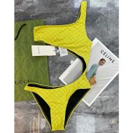 Gucci One Shoulder Swimsuit Women GG Supreme Lycra Yellow