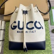 Gucci Small Bucket Bag with Gucci Print In Cotton Linen Canvas 772856 White/Blue