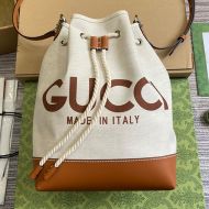 Gucci Small Bucket Bag with Gucci Print In Cotton Linen Canvas 772856 White/Brown