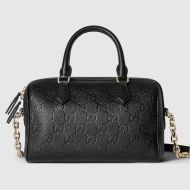 Gucci Small GG Emblem Top Handle Bag In Grainy Leather 815255 Black