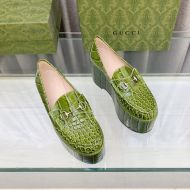 Gucci Vegas Platform Loafers Women Crocodile-Embossed Leather Green